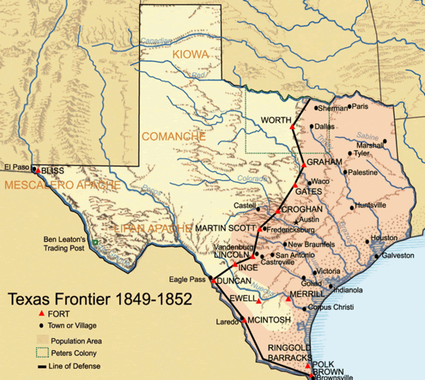 1849 Texan Frontier Forts Historical Map