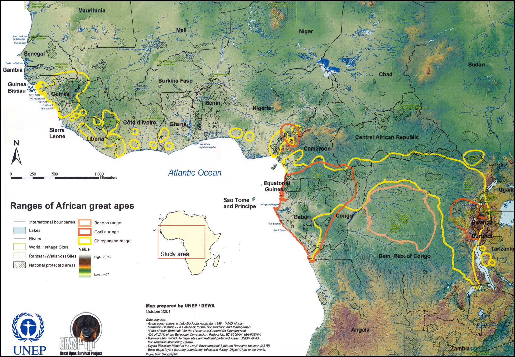 African Great Apes Habitat Range Map SubSaharan Africa • mappery