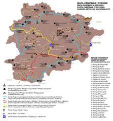 Andorra Long Hiking Routes, Mountain Huts, and Camping Sites Map