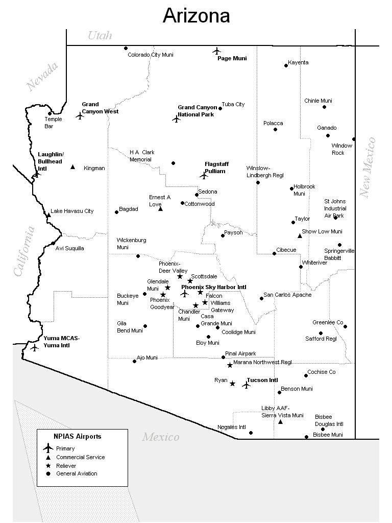 Arizona Airports Map Arizona • mappery