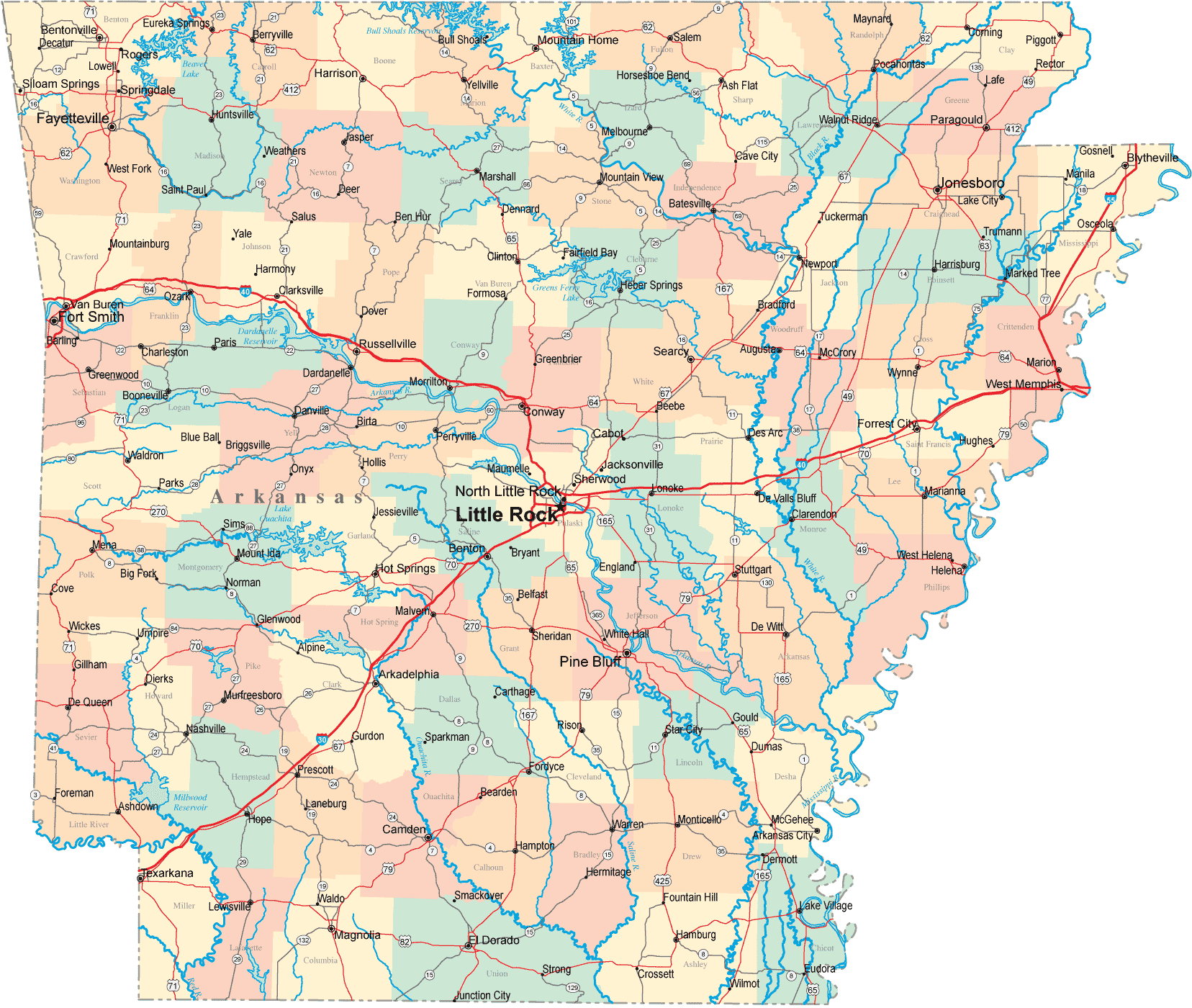arkansas map road maps state ar political city cities usa printable county states highway ark detailed gif travel southern mappery