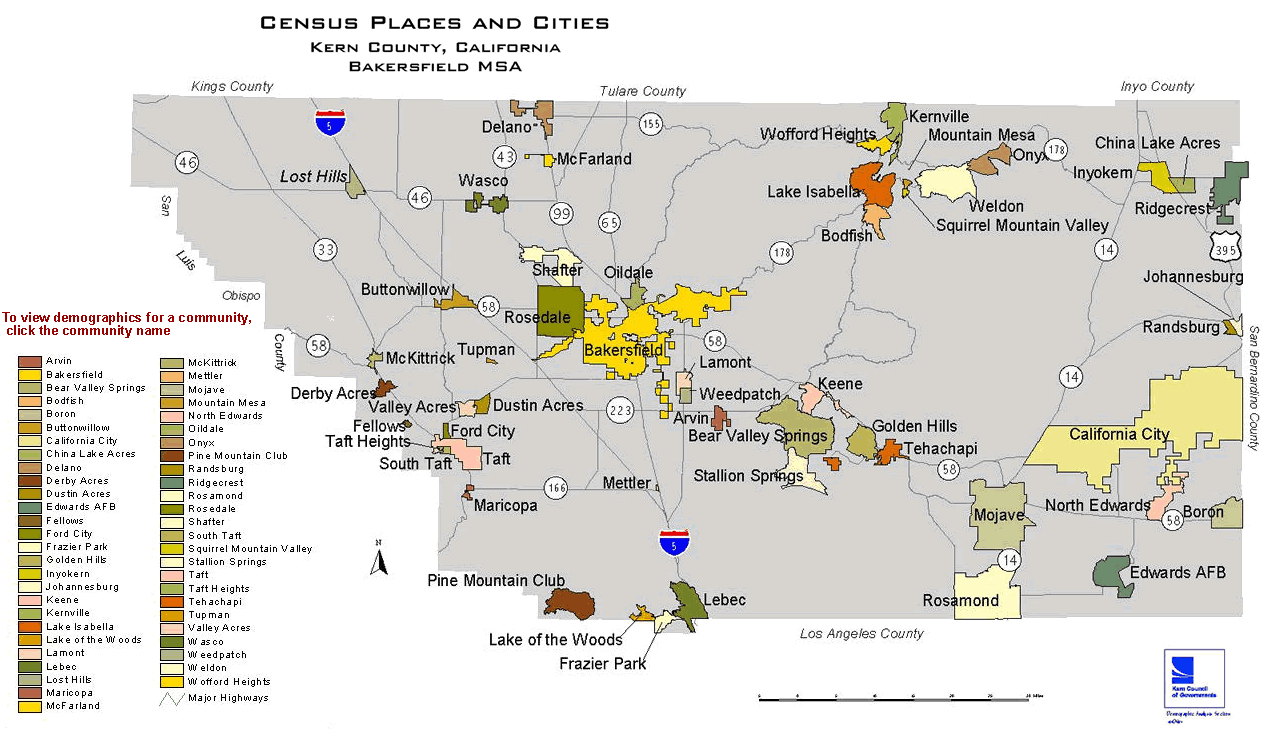 Census Places And Cities In Kern County California Map
