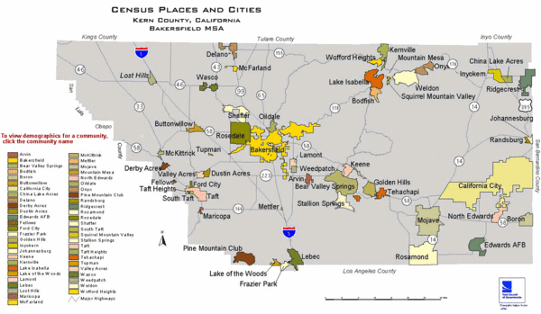 Census Places and Cities in Kern County California Map