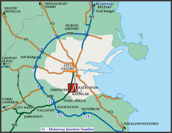 Central Dublin, Ireland Highway Map