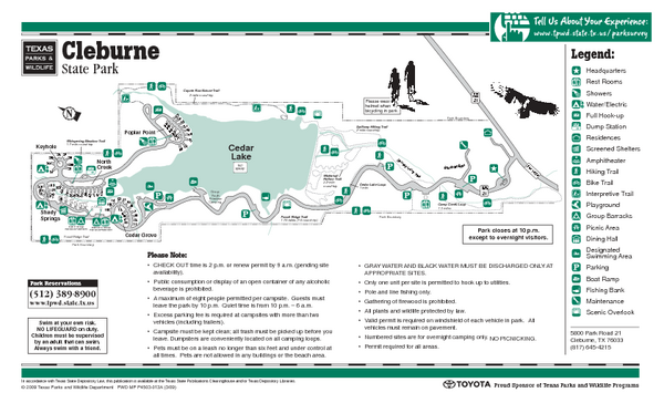 Cleburne, Texas State Park Facility and Trail Map