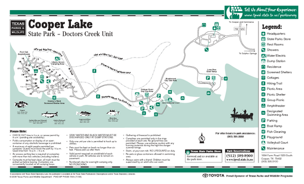 Cooper Lake (Doctors Creek Unit", Texas State Park Facility and Trail Map