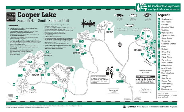 Cooper Lake "South Sulphur Unit", Texas State Park Facility and Trail Map