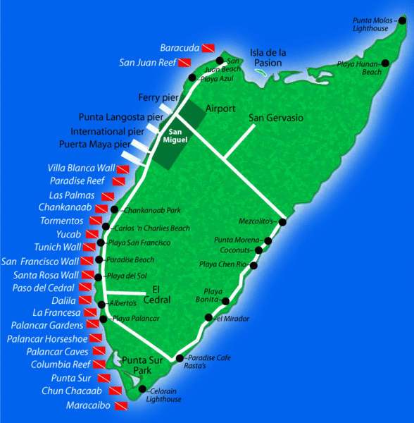 Cozumel Mayan Ruins Map Cozumel Diving Tourist Map - Cozumel • Mappery