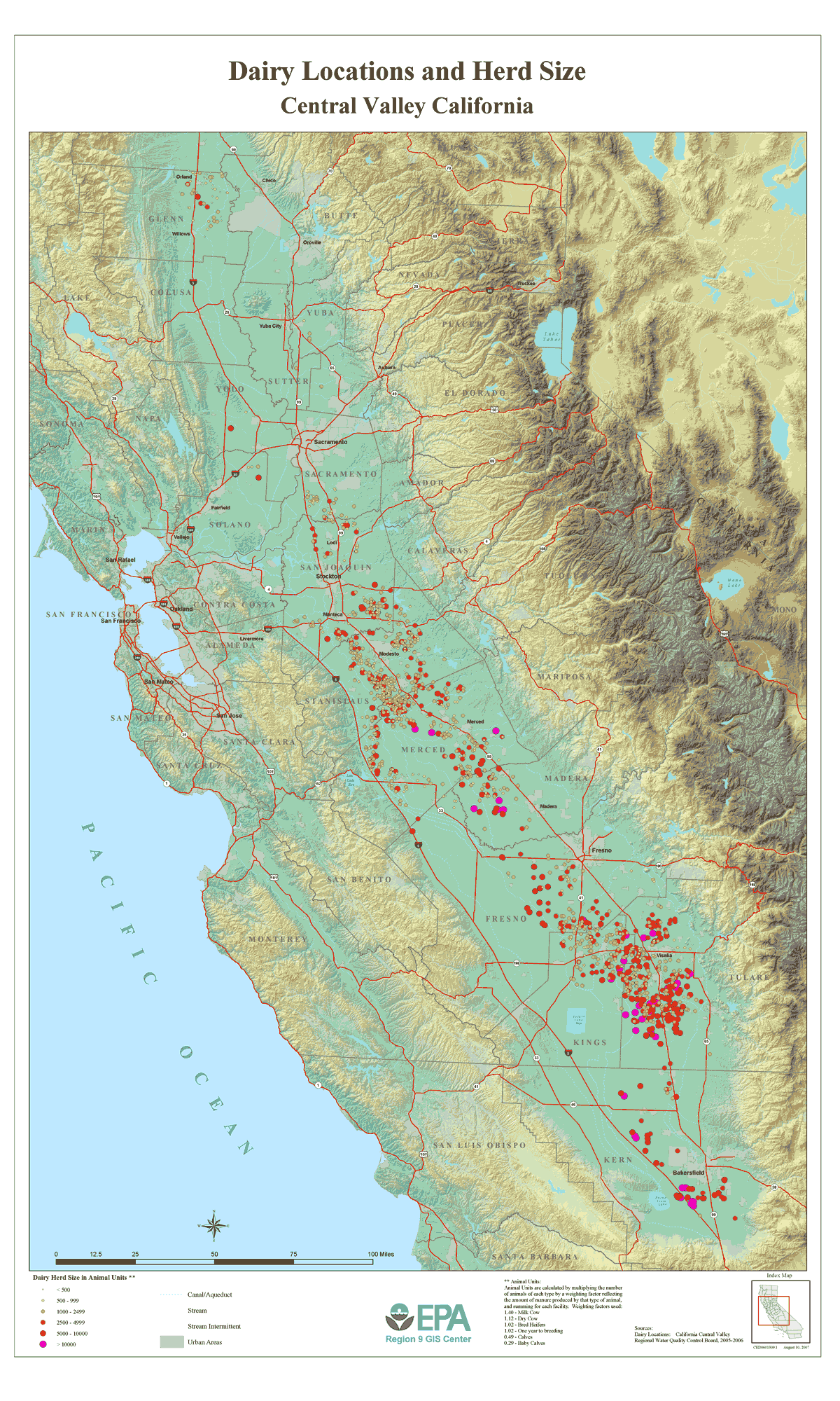 Dairy Locations and Herd Size for Central Vally of California Map