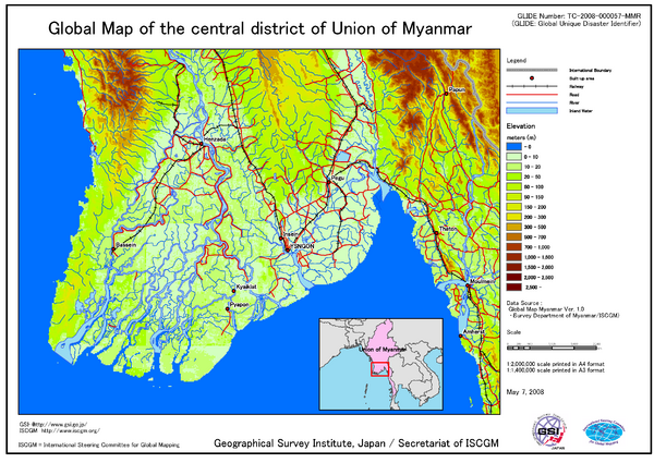Elevation Map Central Distrisct of Union of Myanamar Map