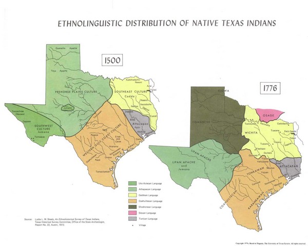 Ethnolinguistic Distribution of Native Texas Indians from 1500 and 1776 Map