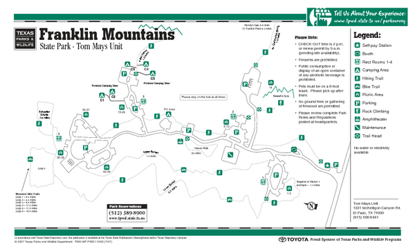 Franklin Mountains, Texas State Park Facility and Trail Map