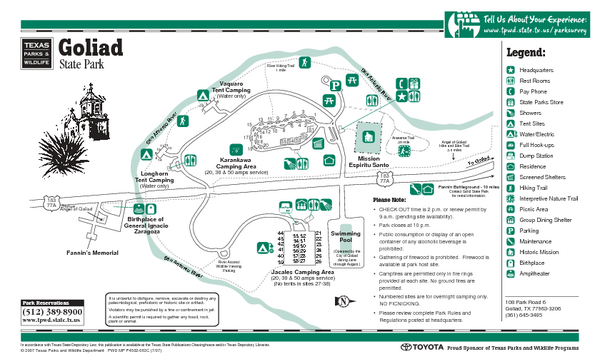 Goliad, Texas State Park Facility and Trail Map