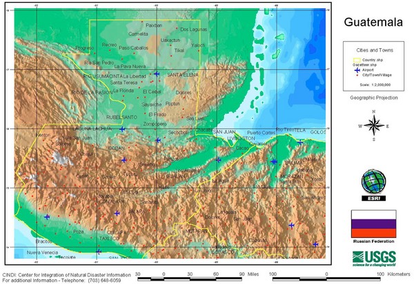 Guatemala Cities and Town Topo Map