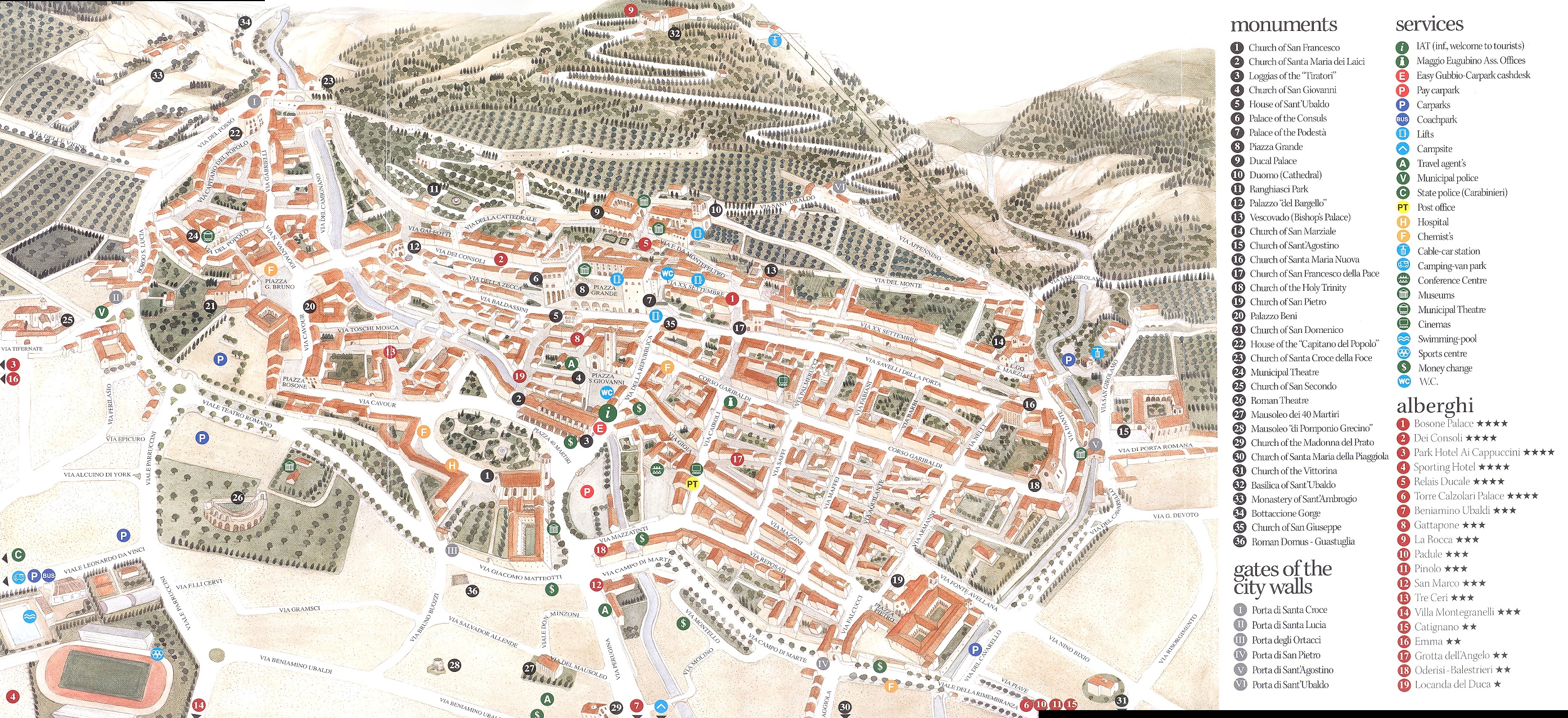 Подробная туристическая карта Губбио (Gubbio) - Губбио (Gubbio), Умбрия, Италия - достопримечательности, путеводитель