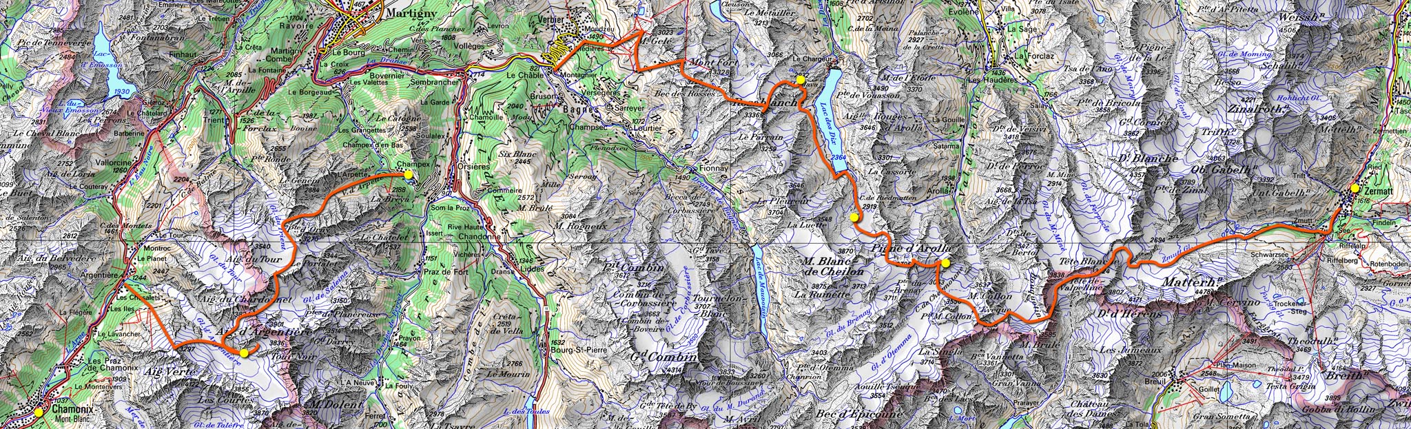 Haute Route Ski Tour Map - Verbier Variant - Chamonix France • mappery