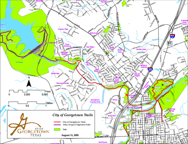 Hiking and Biking Trails, Georgetown, Texas Map