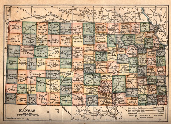 Kansas Map Circa 1910