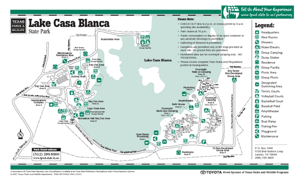 Lake Casa Blanca, Texas State Park Facility Map