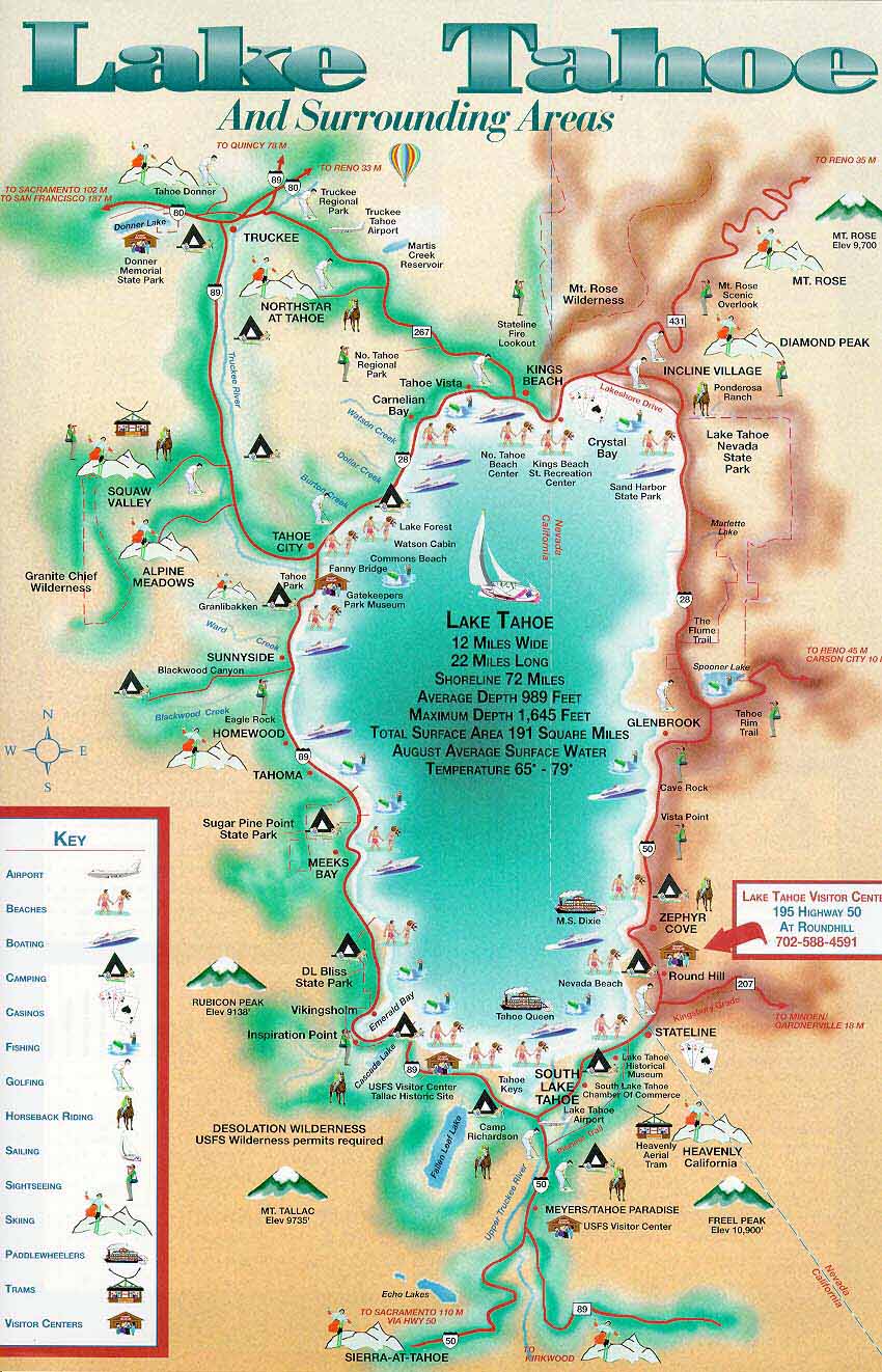 Lake Tahoe And Nearby Activities Map Lake Tahoe Ca Mappery
