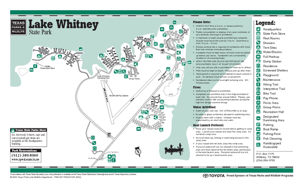 Lake Whitney, Texas State Park Facility and Trail Map