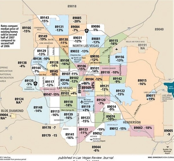 Las Vegas Median House Price Change Percentages by Zipcode (2006-2007) Map