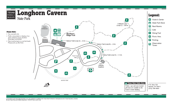 Longhorn Cavern, Texas State Park Facility and Trail Map