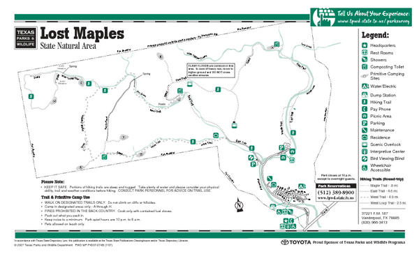 Lost Maples, Texas State Park Facility and Trail Map