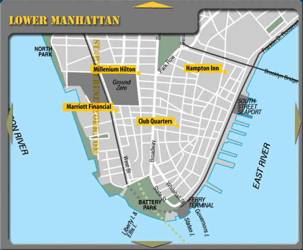 Lower Manhattan New York City Hotel Map Battery Park Nyc Mappery