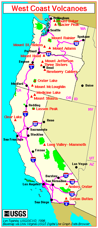 Major West Coast Volcanoes Washington Oregon And California Map