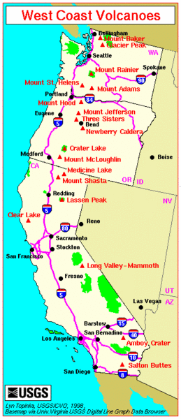 Washington Oregon Coast Map Major West Coast Volcanoes Washington Oregon And California Map • Mappery