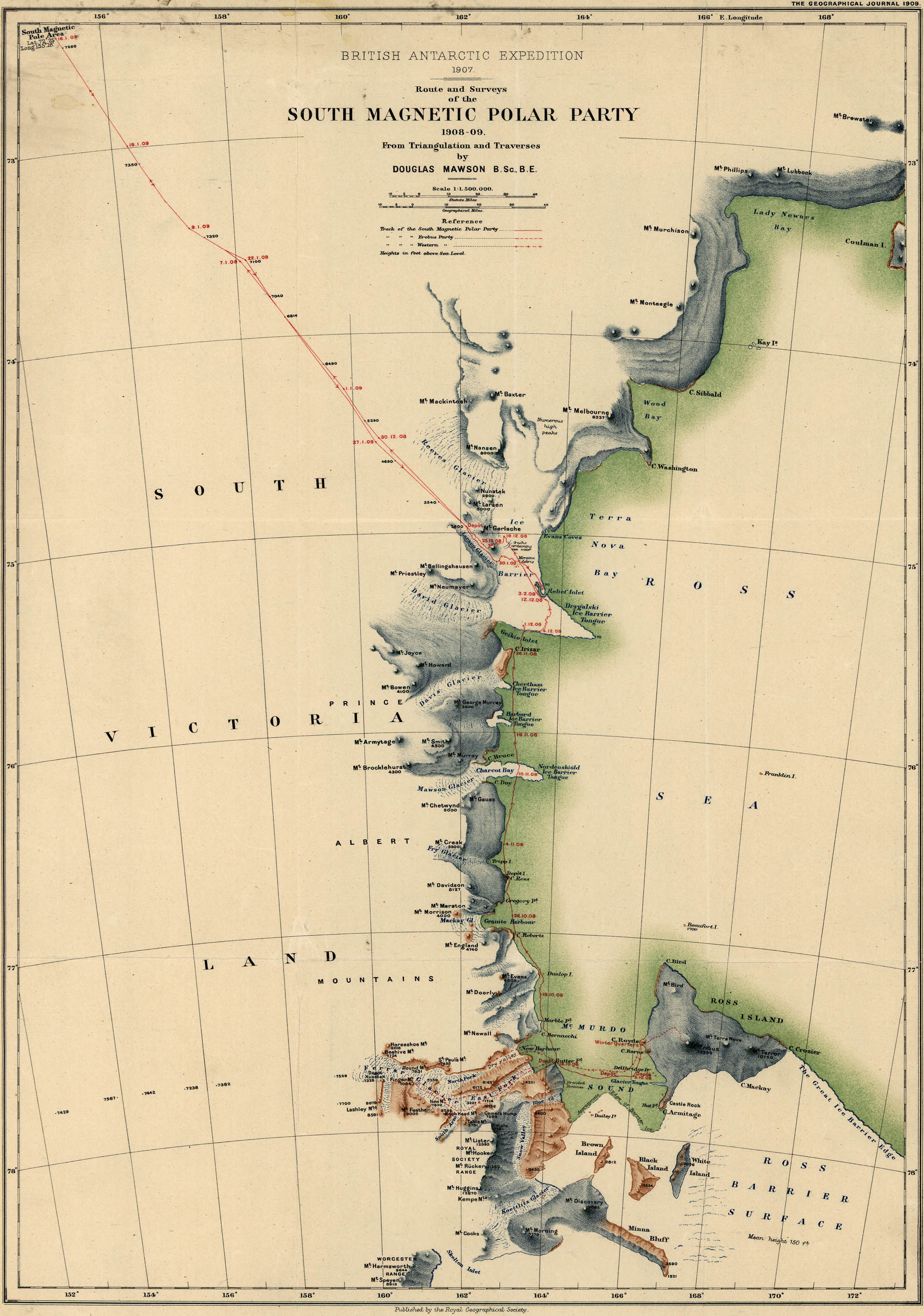 Map of Shackleton’s 19071909 Antarctic Expedition Mt Bird Antarctica