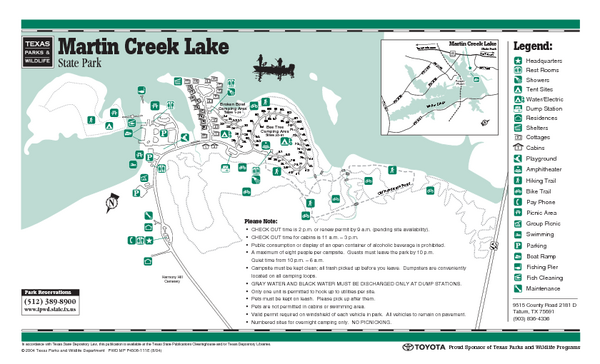 Martin Creek Lake, Texas State Park Facility and Trail Map