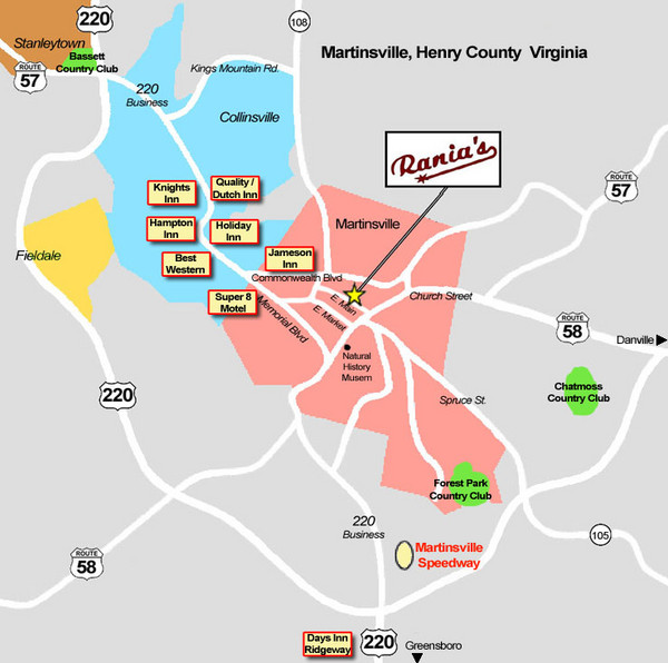 Martinsville Restaurant and Hotel Map