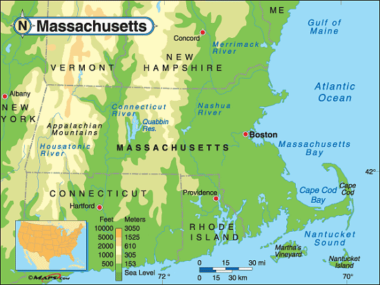 Massachusetts Rivers, Lakes, Mountains and Elevations Map