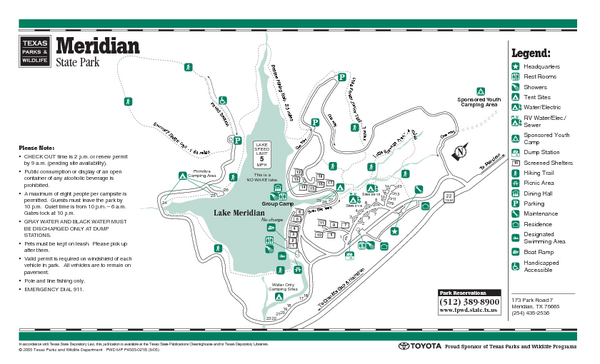 Meridian, Texas State Park Facility and Trail Map