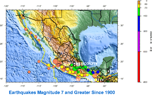 Mexican Earthquakes Magnitude 7 or Greater Since 1900 Reference Map