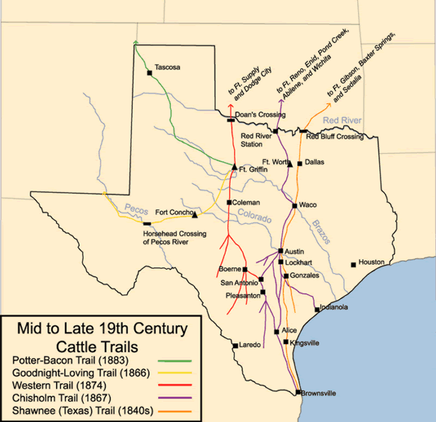 Mid to Late 19th Century Cattle Trails in Texas Map Texas • mappery