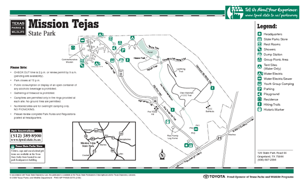 Mission Tejas, Texas State Park Facility, Trail and Location Map