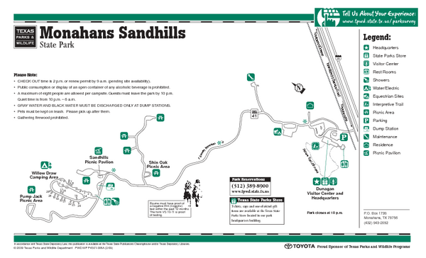 Monahans-Sandhills, Texas State Park Facility and Trail Map