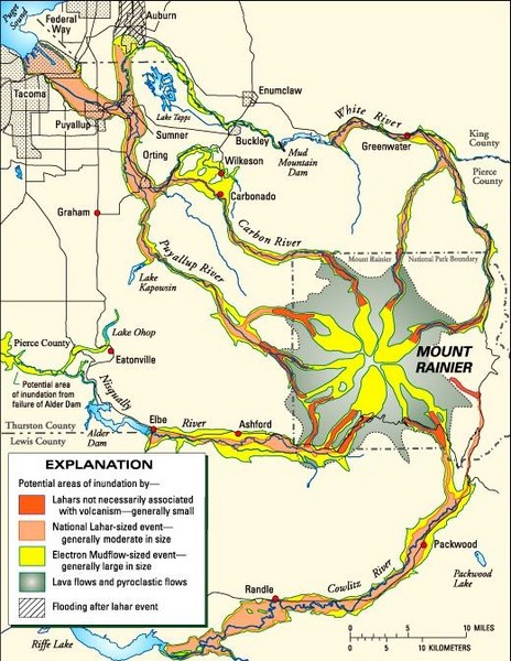 Mount Rainier Potential Lava Flow, Mud Flow and Flood Areas Map