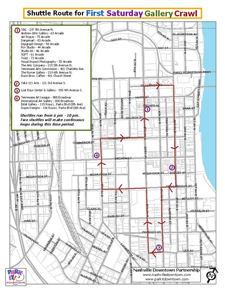 Nashville First Saturday Gallery Crawl Shuttle Route Map