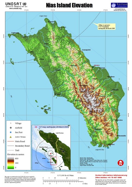 Nias Island Elevation and Earthquake Map