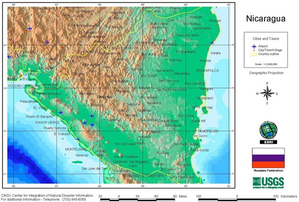 Nicaragua City and Town Elevation Map