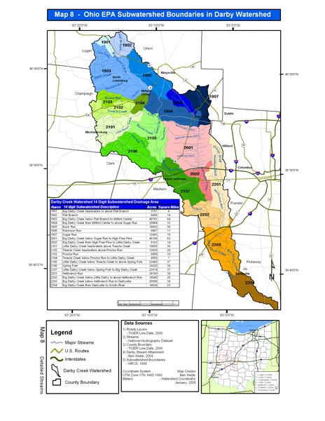 Ohio EPA Subwatersheds Boundaries in Darby Watershed Map