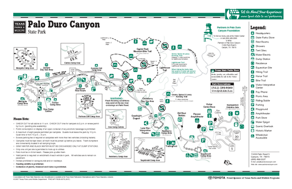 Palo Duro, Texas State Park Facility and Trail Map