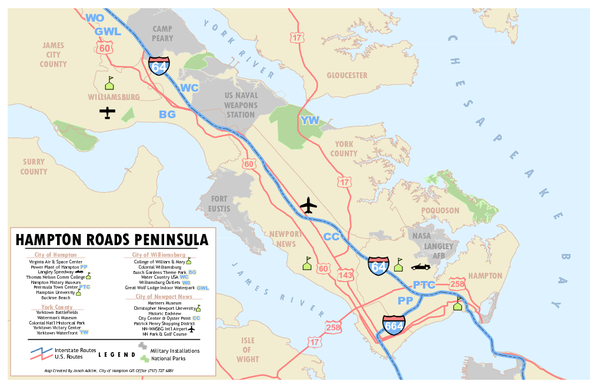 Peninsula of Hampton Roads Map - 23606 • mappery