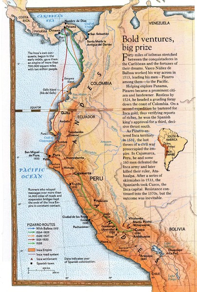 Pizzaro's South American Exploration routes Map