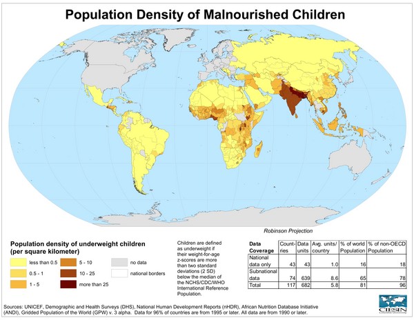 Population Density of Underweight Children World Map