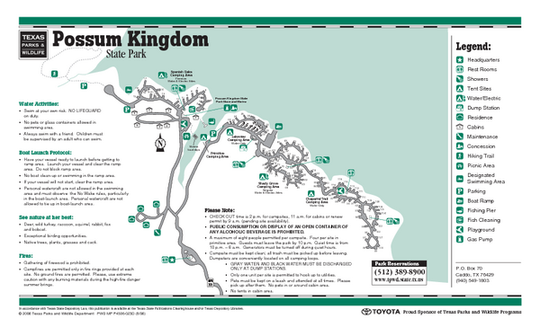 Possum Kingdom, Texas State Park Facility and Trail Map